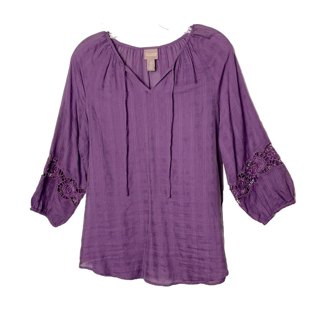 Chico’s | Purple Crochet Sleeve Woven Cotton Blend Peasant Top, Size 0 (Small)